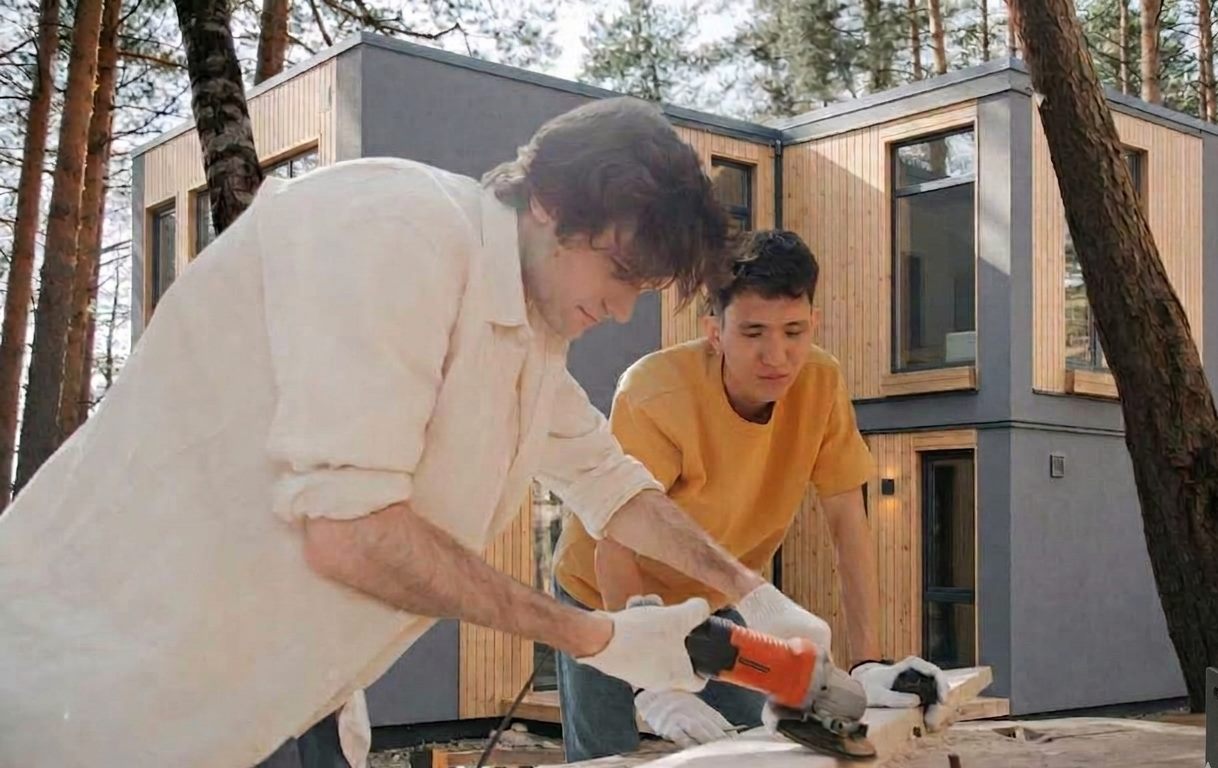 Two builders working side by side, cutting a timber plank with a power tool in front of a newly finished modular home clad in pale wood and dark grey panels among tall pines