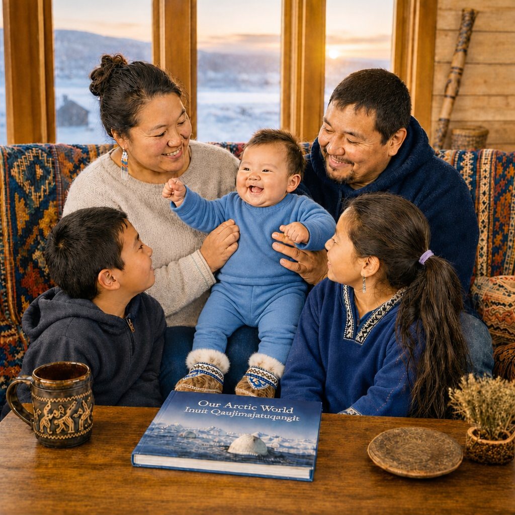 An Inuit family of five gathered on a blanket-draped couch, parents holding a laughing baby in blue between them while a young boy and girl look up smiling, a book titled Our Arctic World resting on the table and a golden sunset over snow-covered hills glowing through the window behind them