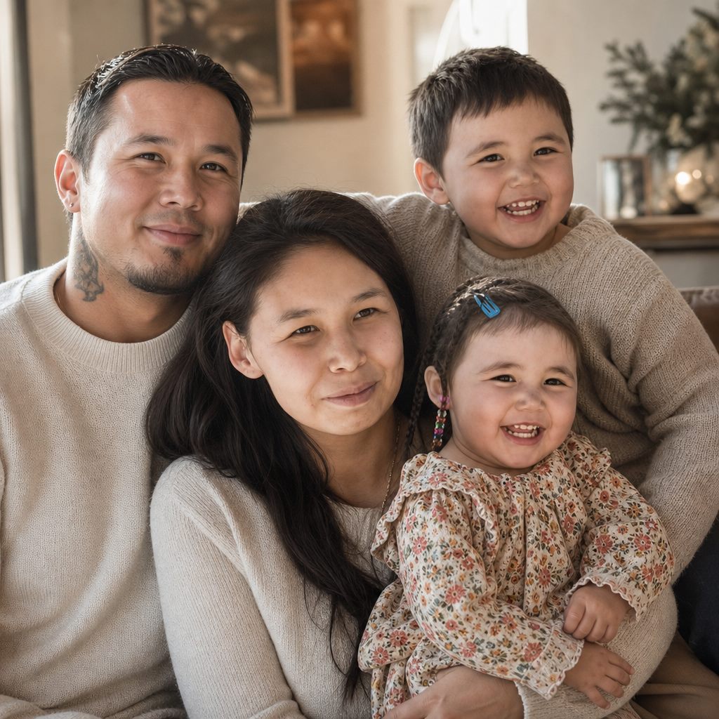 A First Nations family of four, two parents with a laughing young boy and a little girl in a floral dress, sitting close together indoors in a warm, softly lit home