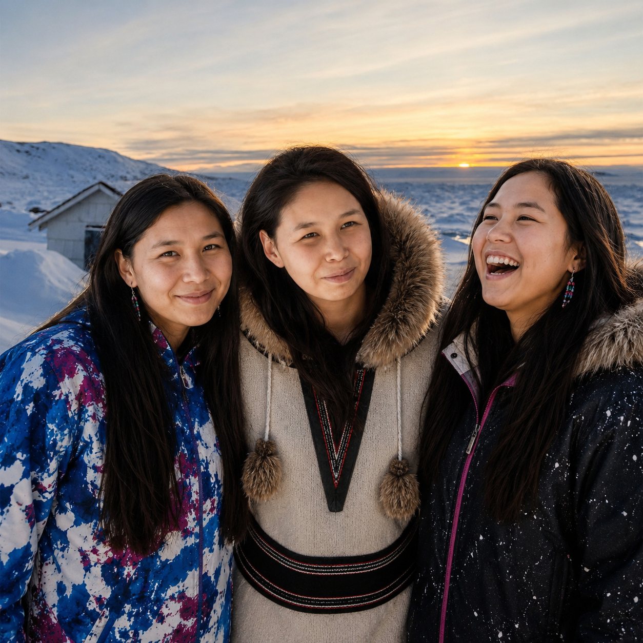 Three young First Nations women smiling together at sunset, wearing a blue and magenta patterned parka, a fur-trimmed anorak with beaded trim, and a dark snow-flecked parka, with a small building, snow-covered hills and the frozen coastline glowing behind them