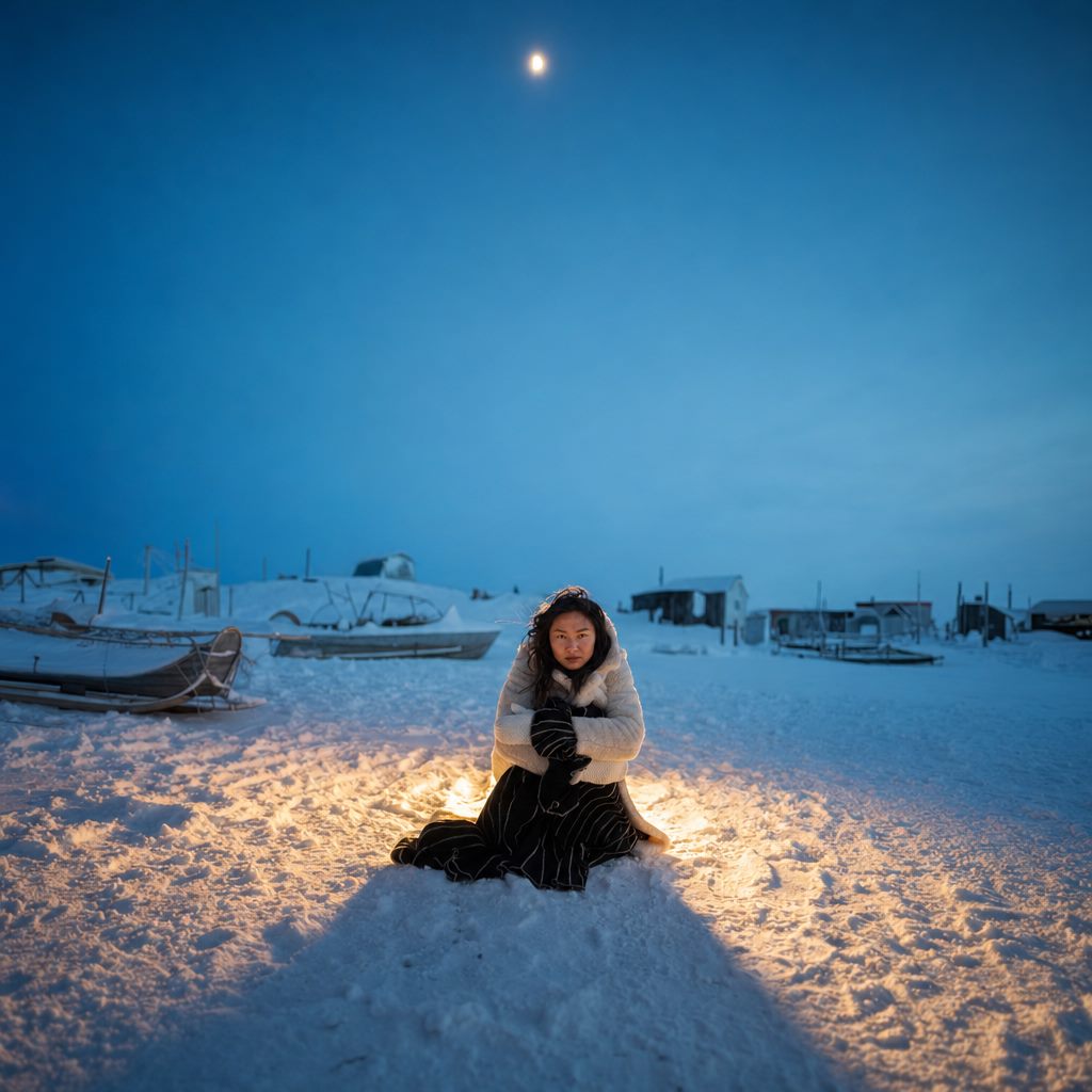 A young Inuit woman wraps herself against the cold, sitting in the snow at dusk in a northern community lit by moonlight