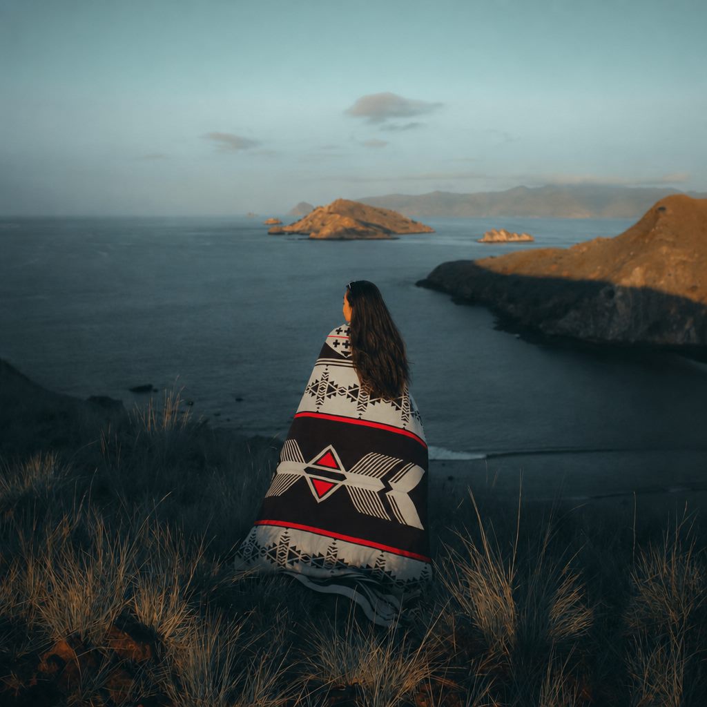 An Indigenous woman wrapped in a patterned wool blanket looking out over the coast at dusk