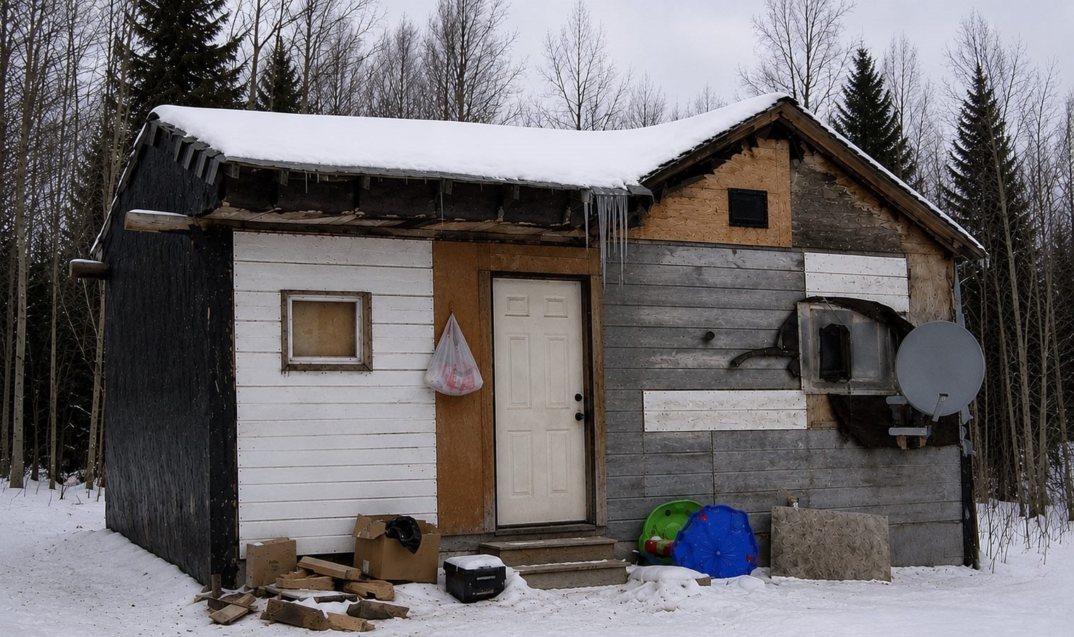 A small home with patched, mismatched siding and a boarded window stands in the snow at the edge of a remote northern forest, cardboard boxes and scrap lumber piled by the door